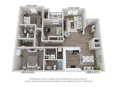 Floor plan for 3 beds, 2 baths, 1316 sqft